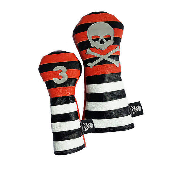 Orange Rugby Stripe with Skull & Bones Pair of Headcovers - Robert Mark Golf