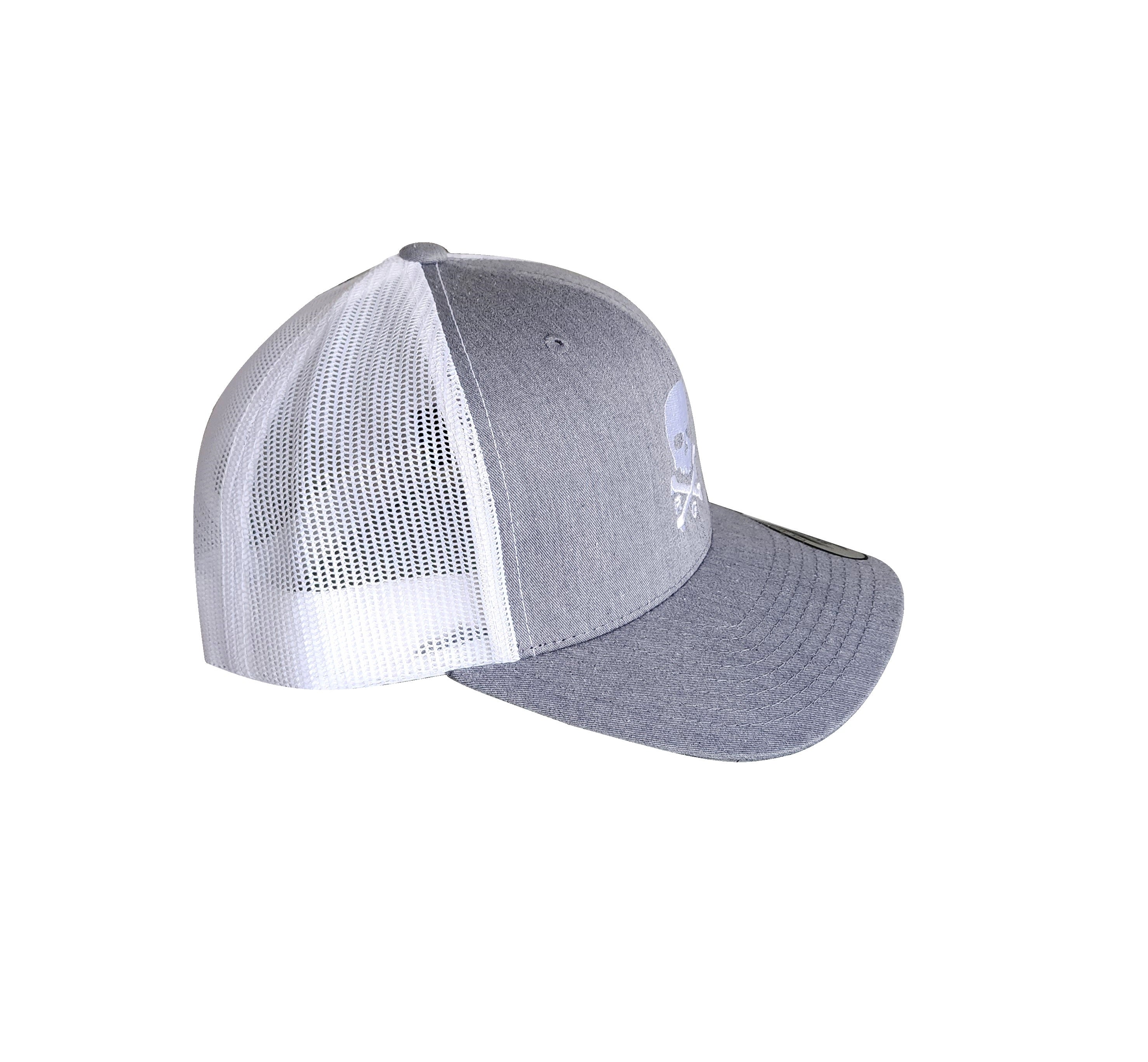 NEW! The RMG Grey/White Skull & Bones Trucker Snapback Hat - Robert Mark Golf
