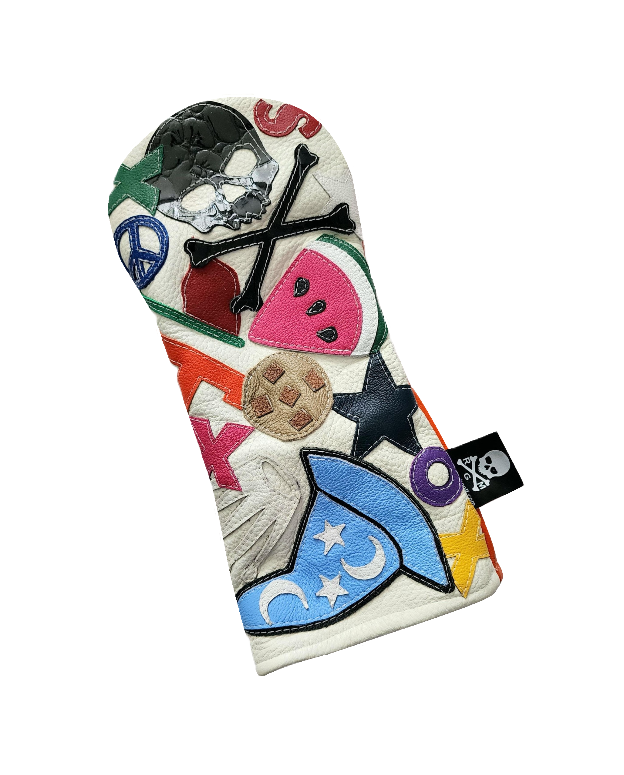 Robert Mark Golf collage driver headcover with vibrant, artistic design, protecting golf club with a stylish, limited edition look.