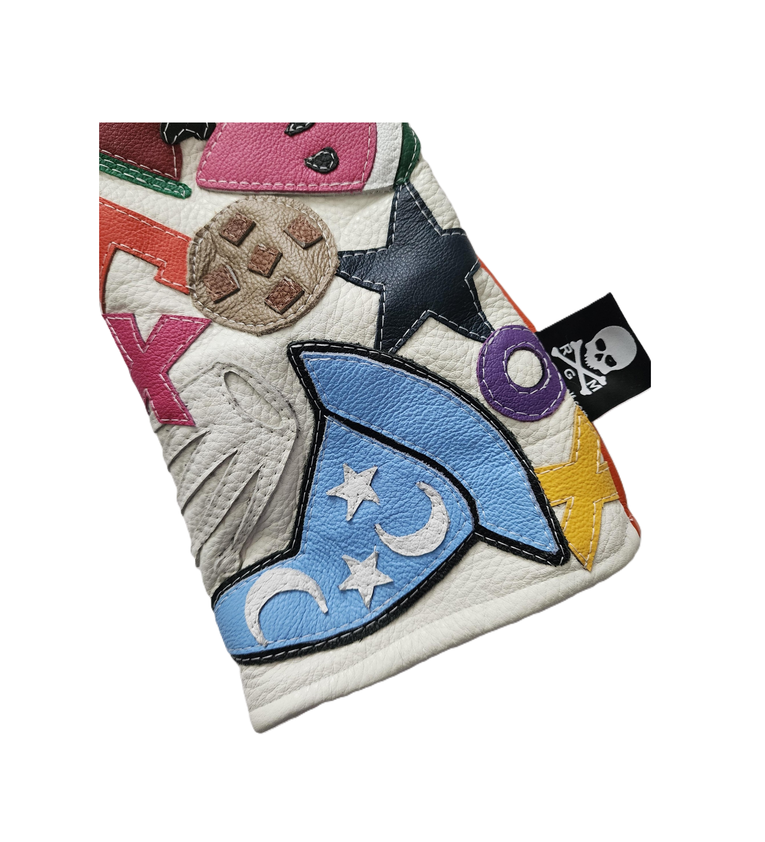 Robert Mark Golf limited edition collage driver headcover with colorful patchwork design and soft interior padding.
