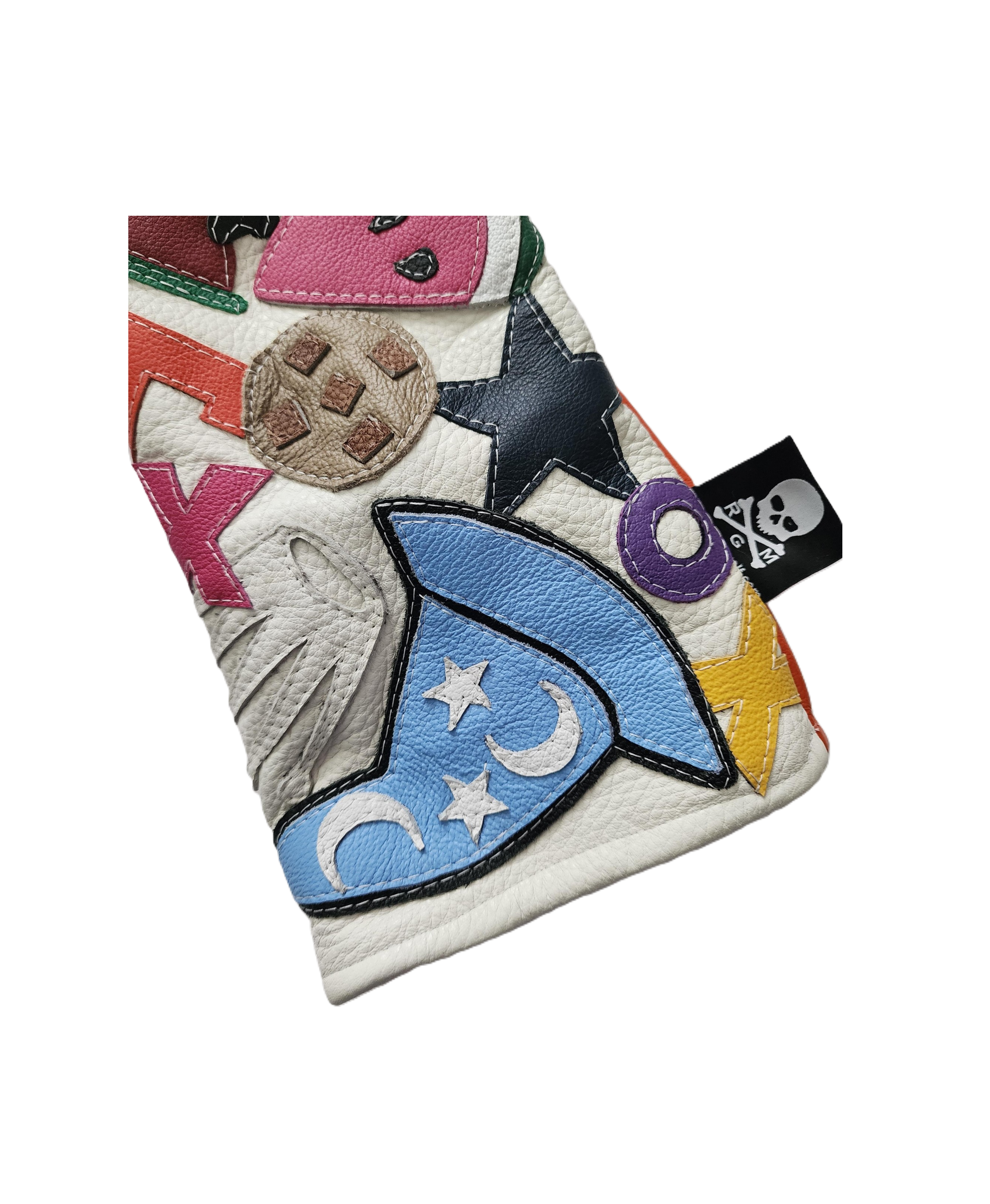 Robert Mark Golf limited edition collage driver headcover with colorful patchwork design and soft interior padding.