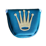 Blue Rolex crown-inspired golf mallet putter headcover by Robert Mark Golf with a center shaft design.