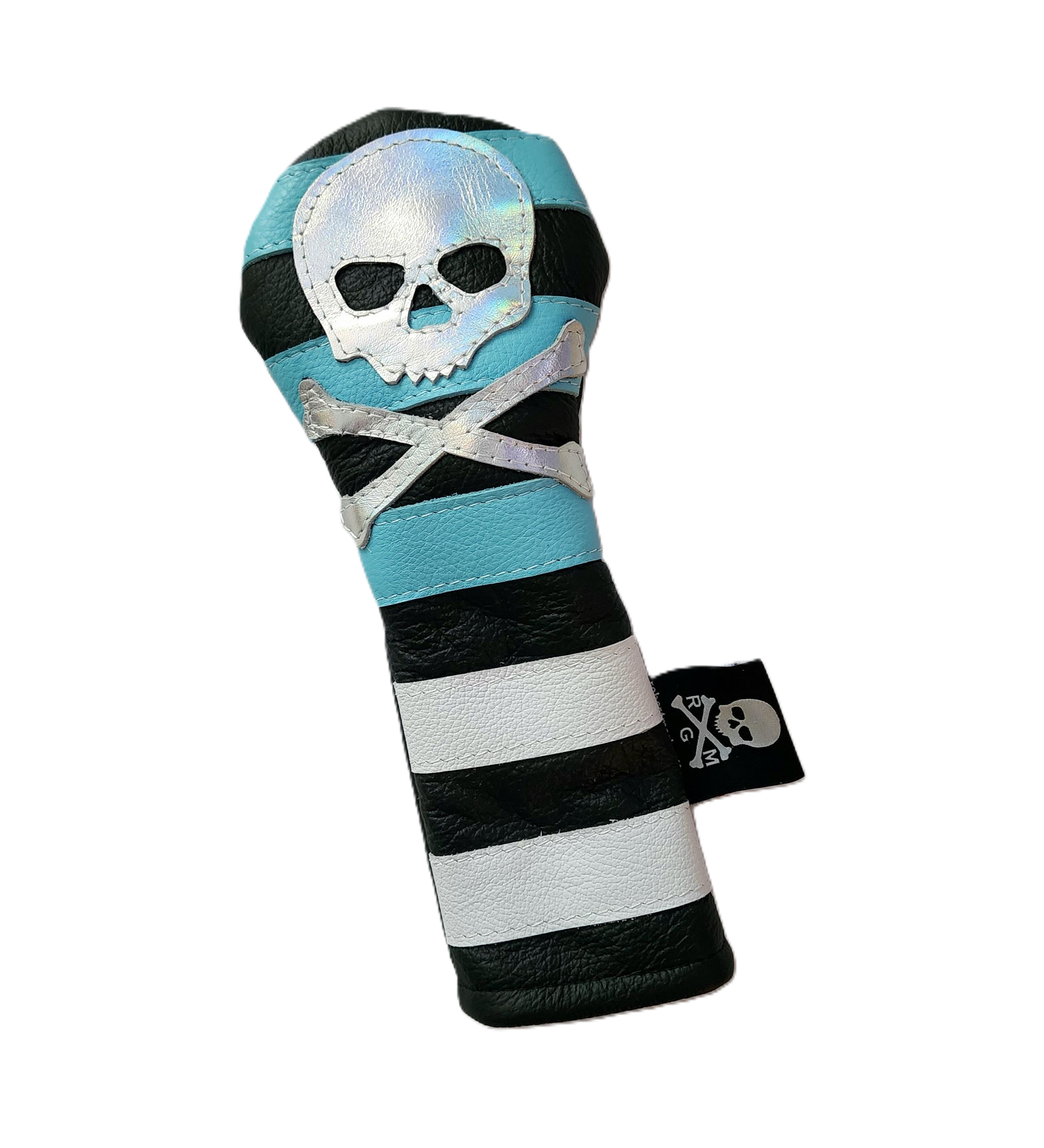 NEW! The Lt. Blue, White & Metallic Skull & bones Rugby Stripe Fairway Wood Headcover! - Robert Mark Golf