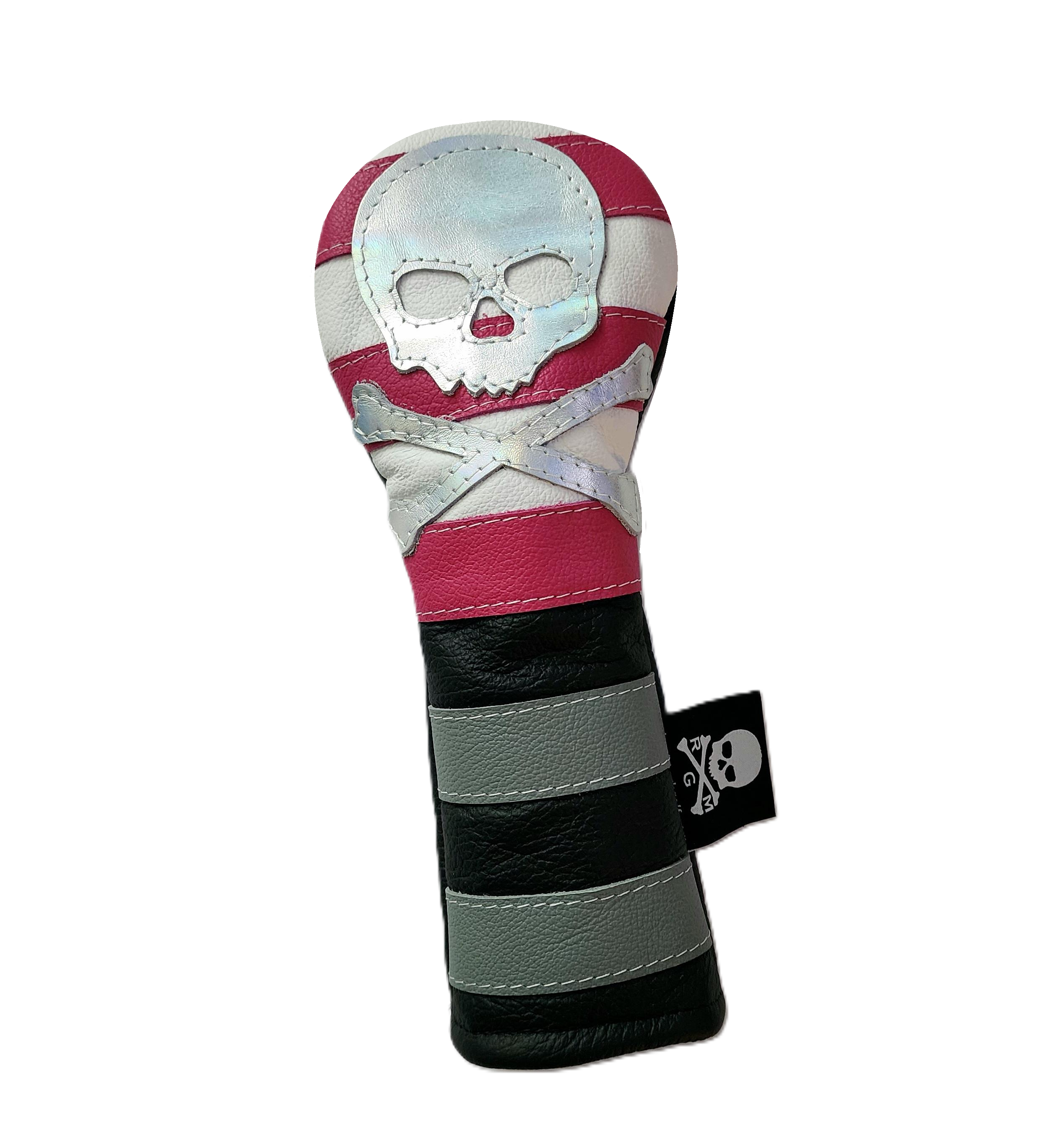 NEW! The Pink, White & Metallic Skull & bones Rugby Stripe Hybrid Headcover! - Robert Mark Golf