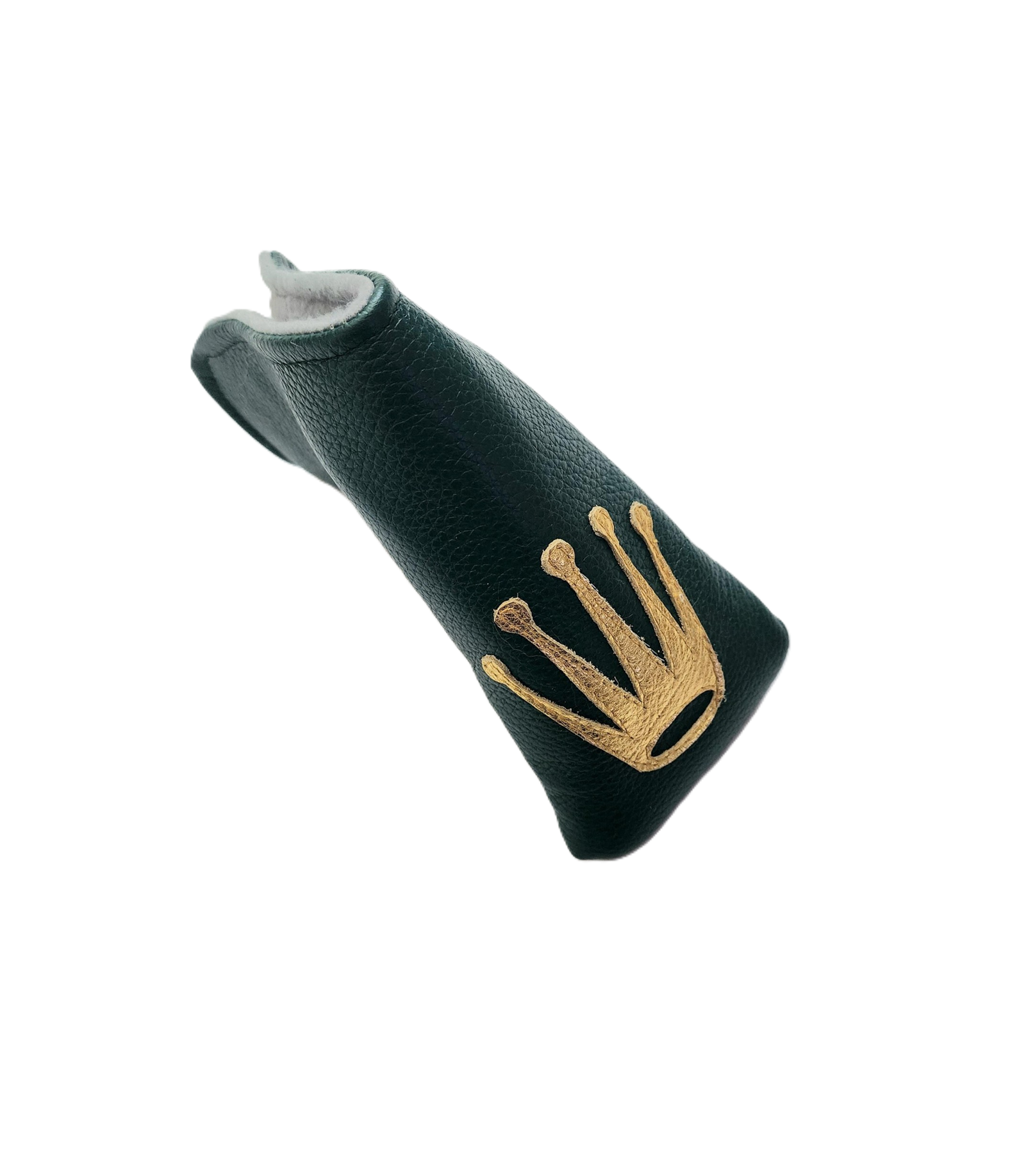 Dark green Rolex-inspired Crown Blade putter headcover by Robert Mark Golf, featuring intricate crown design and premium craftsmanship.