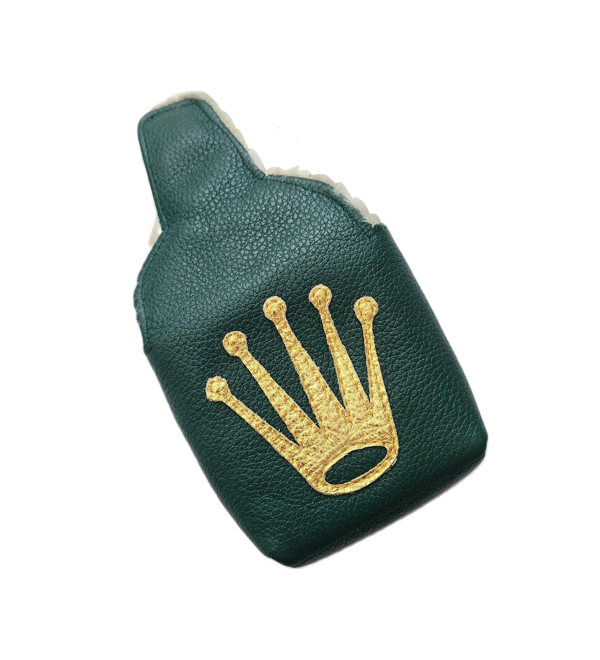 Dark green mallet putter headcover by Robert Mark Golf, inspired by a Rolex crown design, for protecting golf club heads.