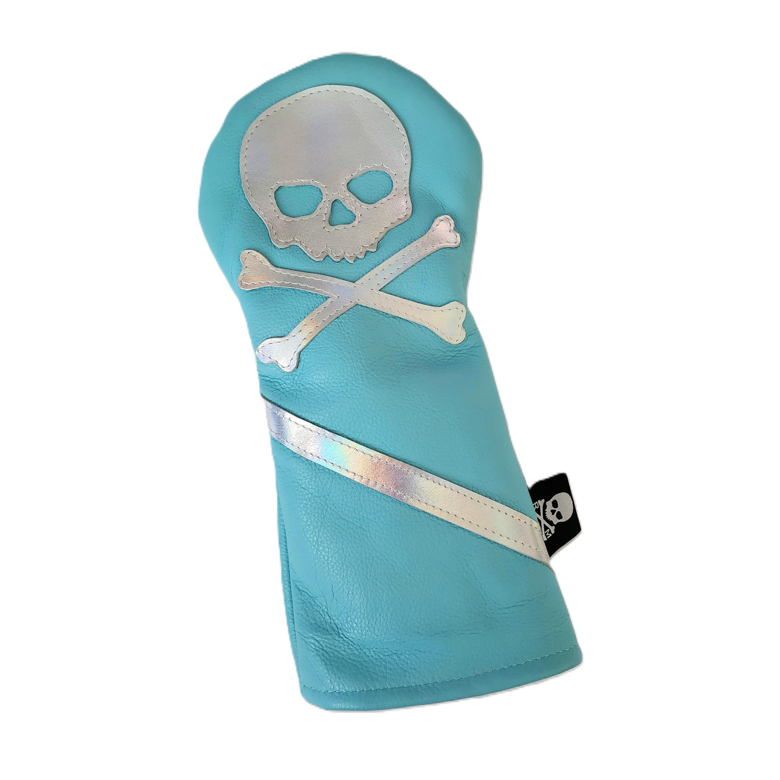 Tiffany Blue inspired & Holographic Metallic Silver Skull & Bones Driver headcover. - Robert Mark Golf