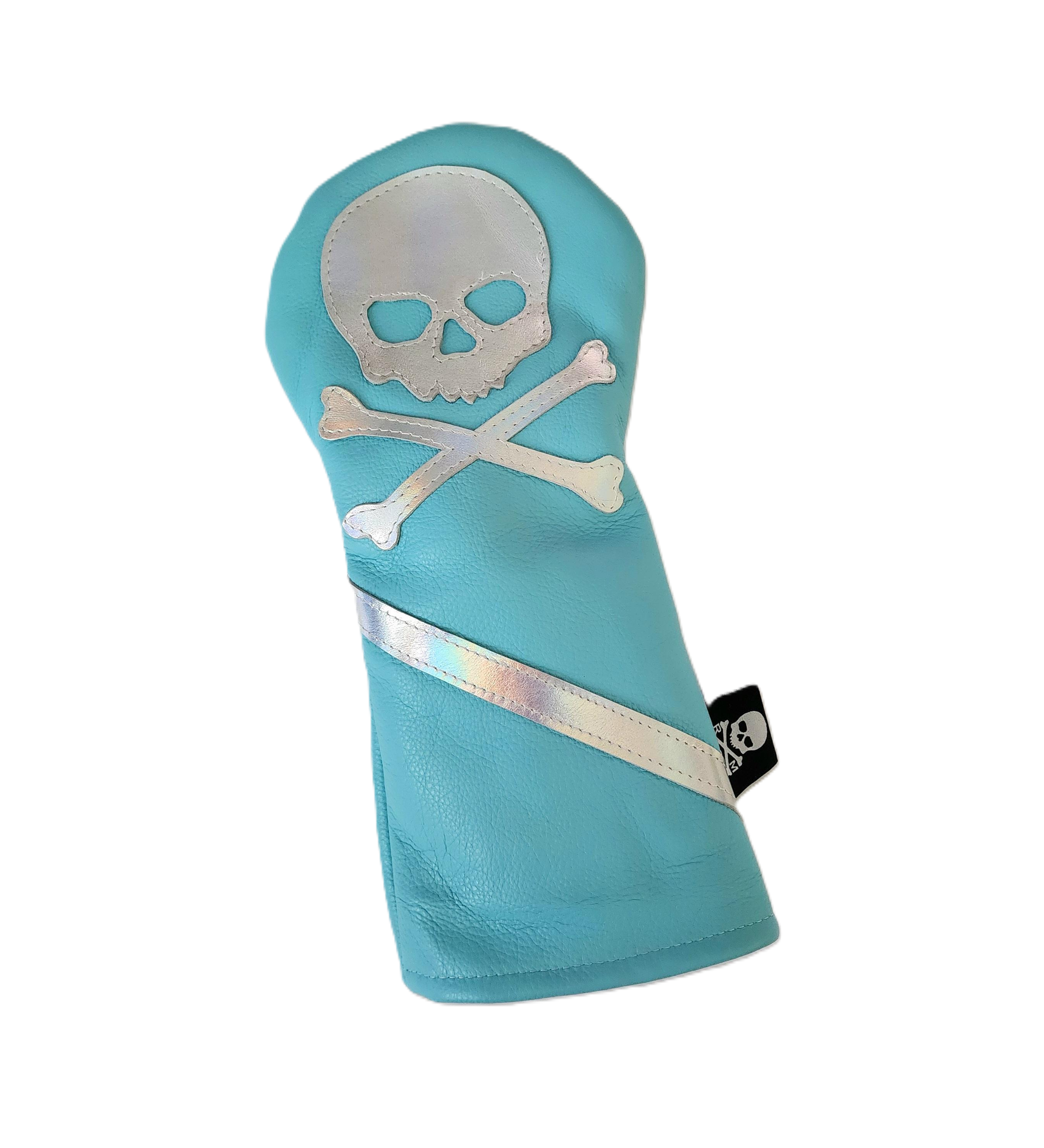 Tiffany Blue inspired & Holographic Metallic Silver Skull & Bones Driver headcover. - Robert Mark Golf
