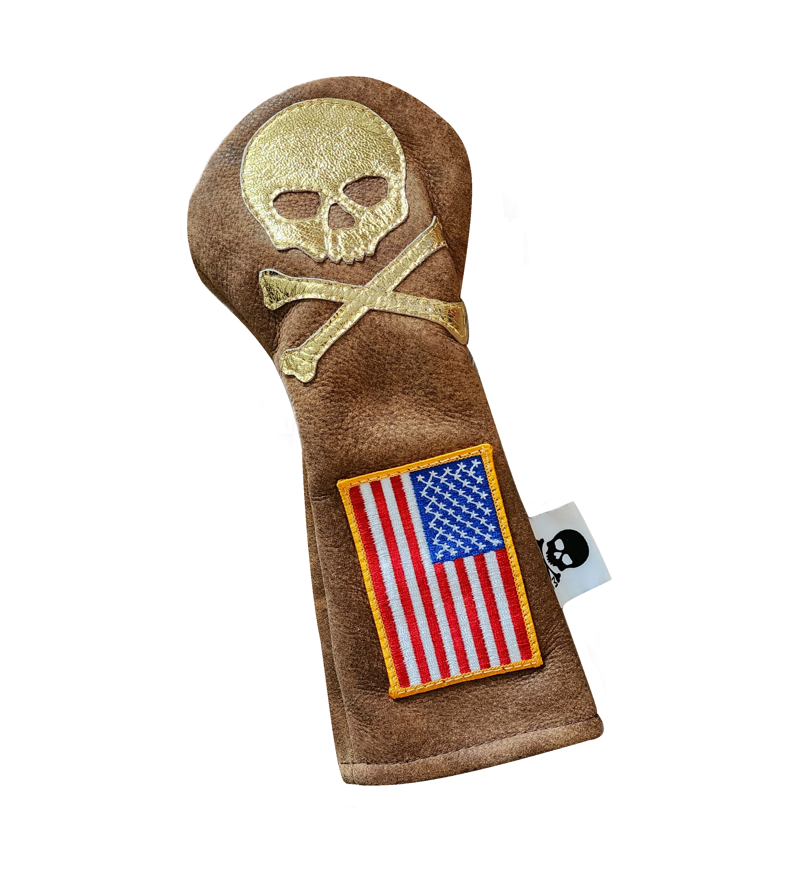 The RMG USA Gold Skull & Bones Distressed leather Fairway Wood Headcover, 1 Off! - Robert Mark Golf