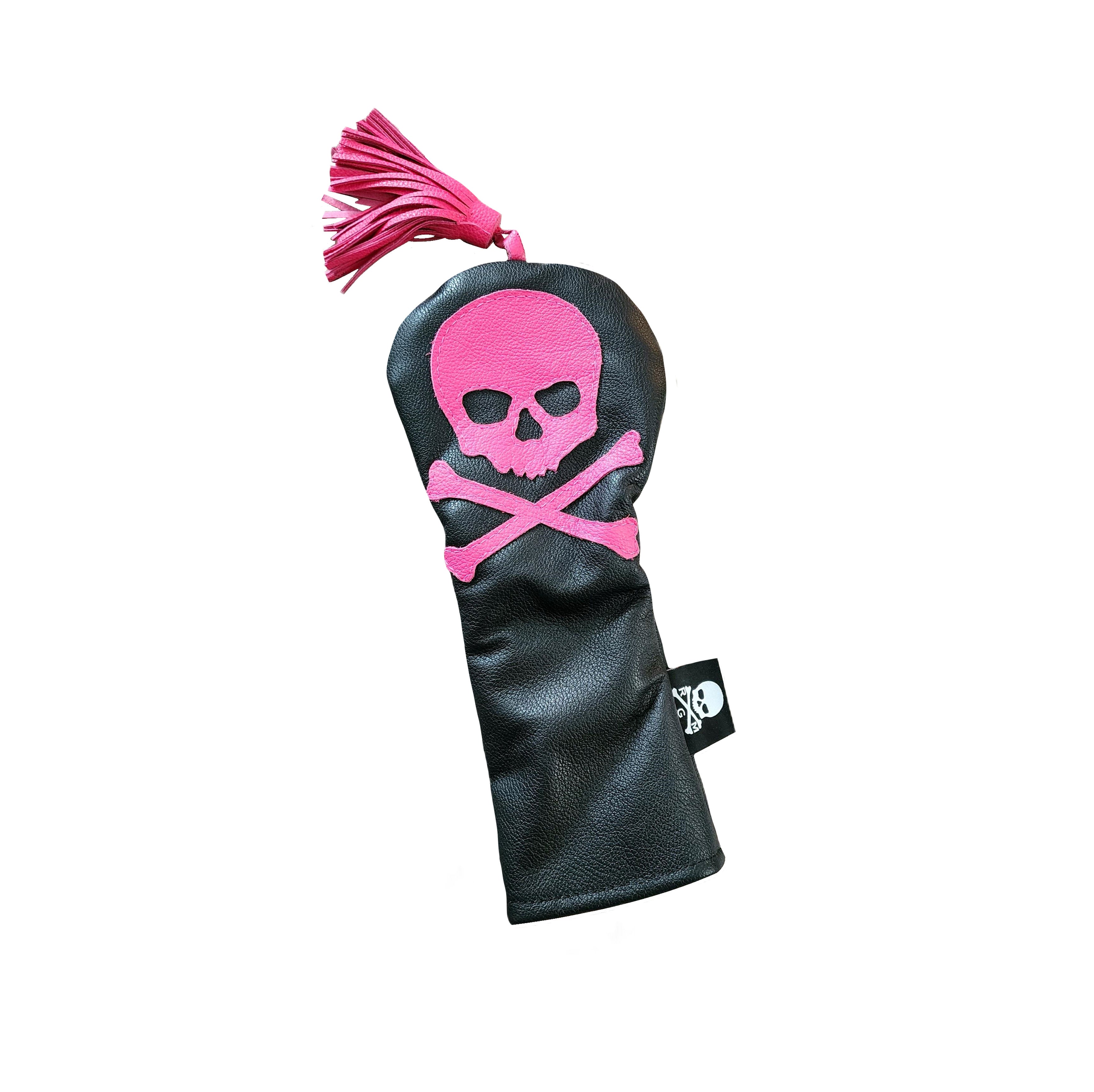 NEW! The RMG Retro Tassel, Black w/ Pink Skull & Bones Fairway Wood Headcover - Robert Mark Golf