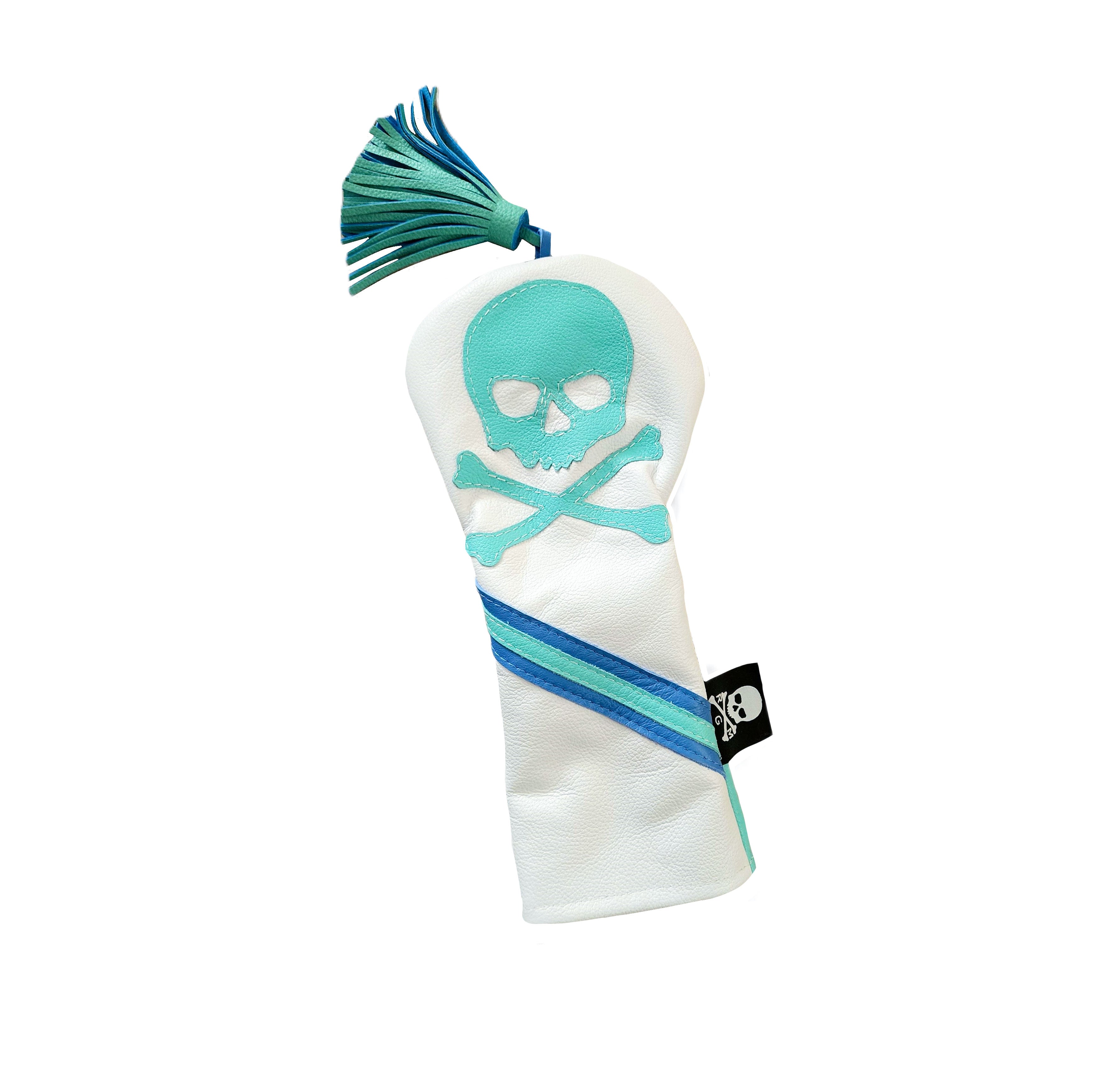 NEW! The RMG Retro Tassel, Black w/ Tiff Blue Skull & Bones Fairway Wood Headcover - Robert Mark Golf