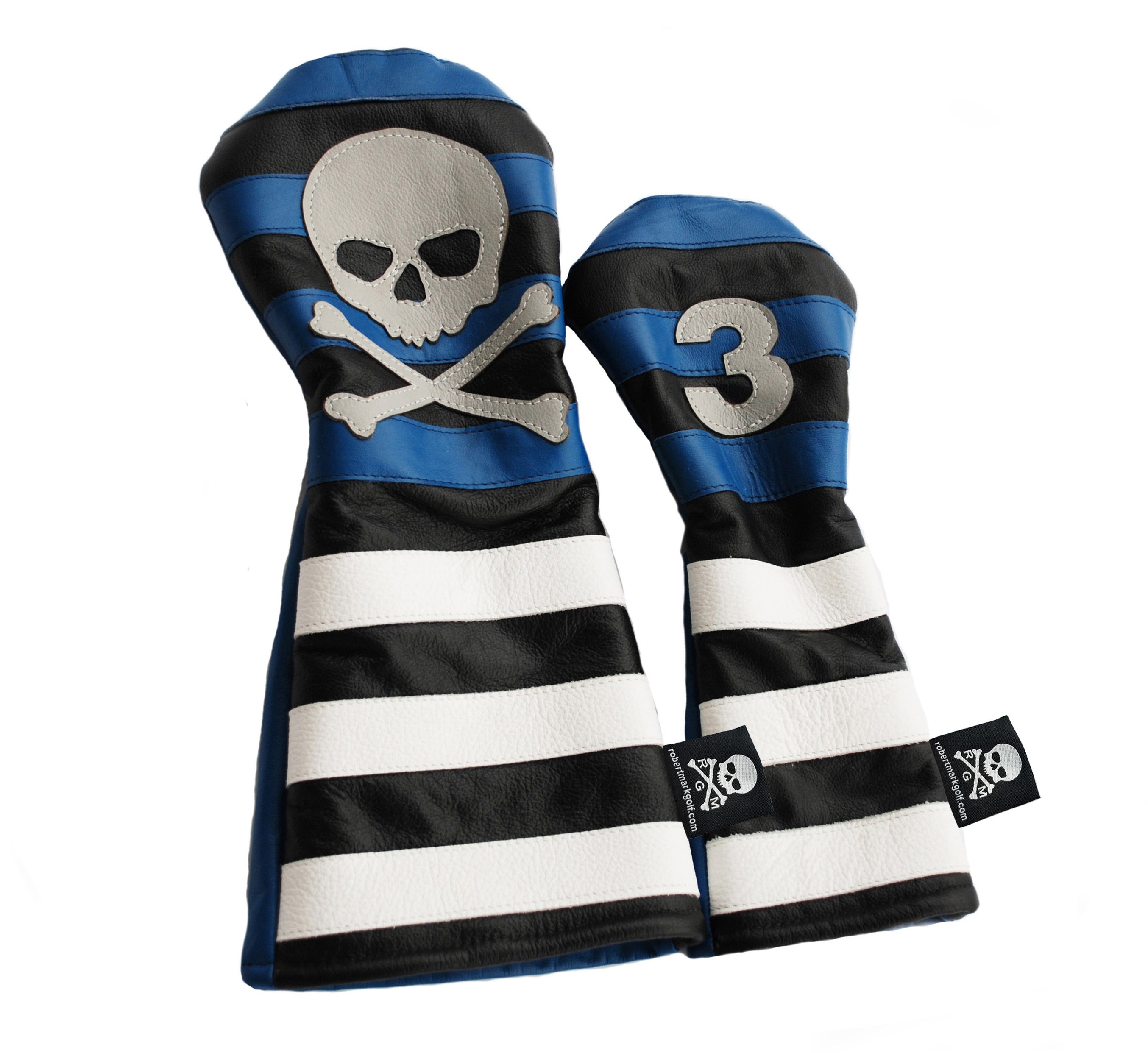 Blue Rugby Stripe with Skull & Bones Pair of Headcovers - Robert Mark Golf