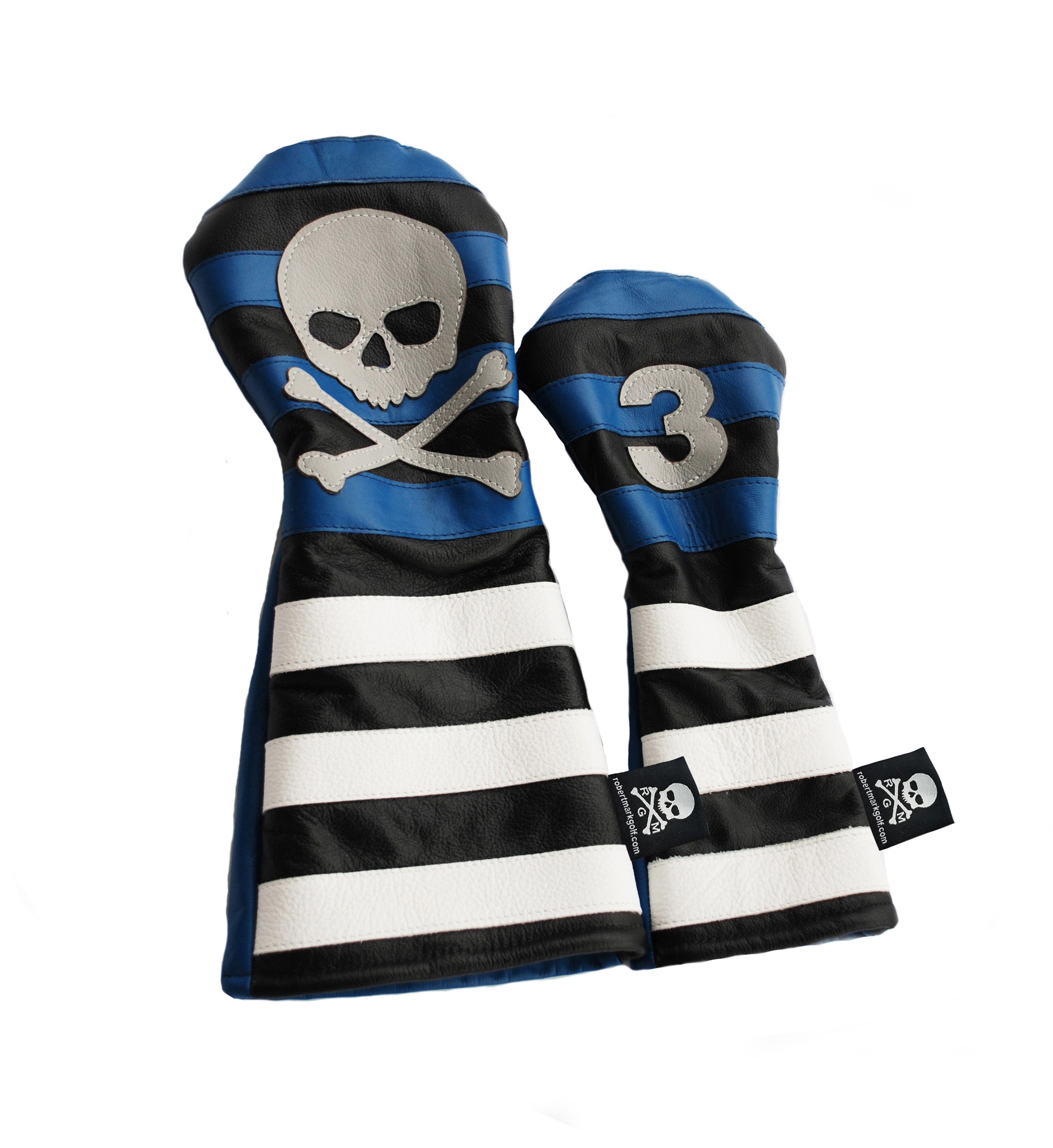 Blue Rugby Stripe with Skull & Bones Pair of Headcovers - Robert Mark Golf