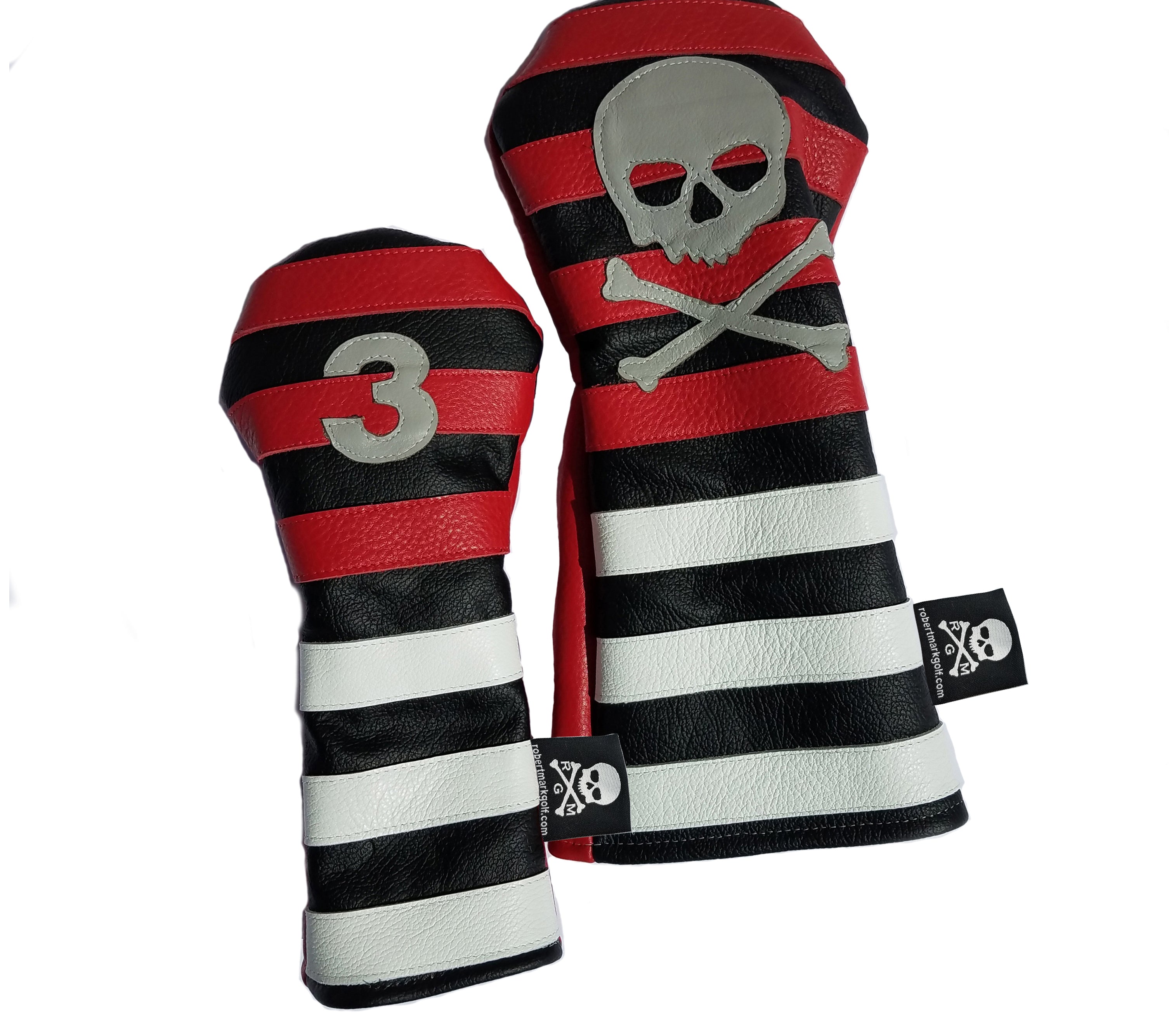 Red Rugby Stripe with Skull & Bones Pair of Headcovers - Robert Mark Golf