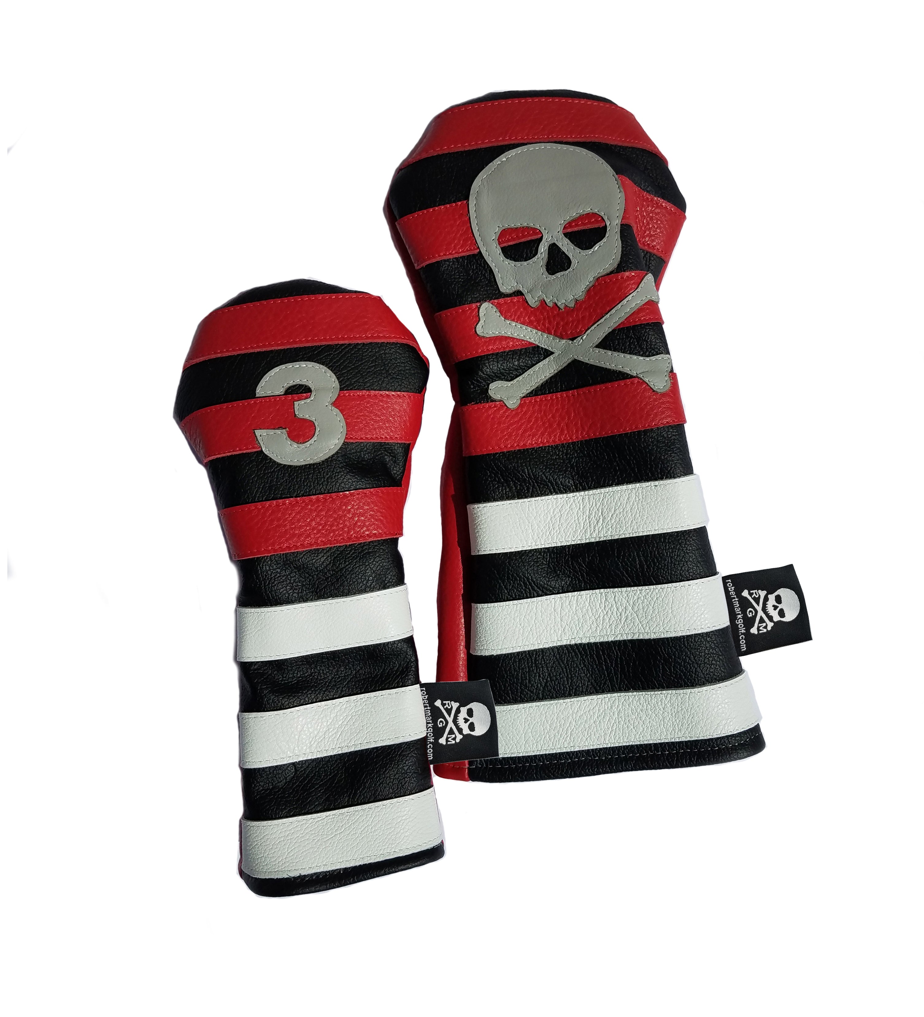 Red Rugby Stripe with Skull & Bones Pair of Headcovers - Robert Mark Golf
