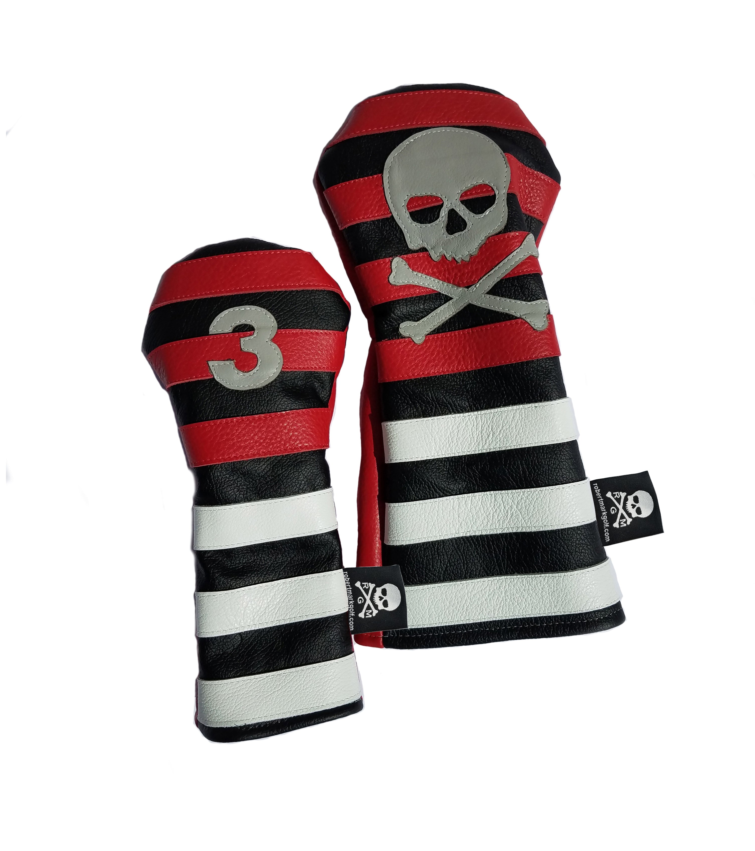 Red Rugby Stripe with Skull & Bones Pair of Headcovers - Robert Mark Golf
