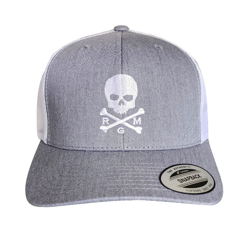 NEW! The RMG Grey/White Skull & Bones Trucker Snapback Hat - Robert Mark Golf