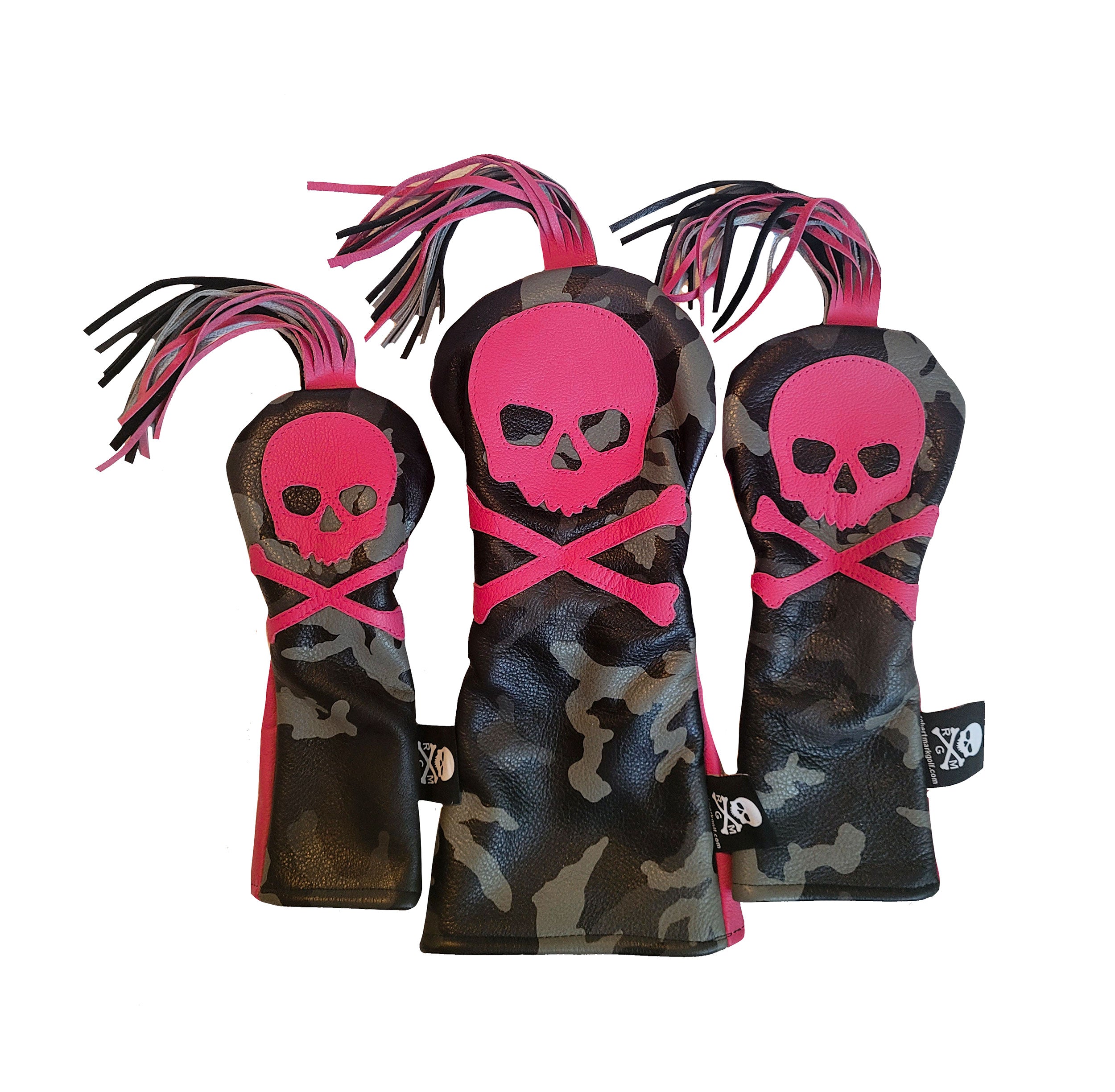 NEW! One Of A Kind! Set Of Three Tassel Skull & Bones Camo Headcovers - Robert Mark Golf